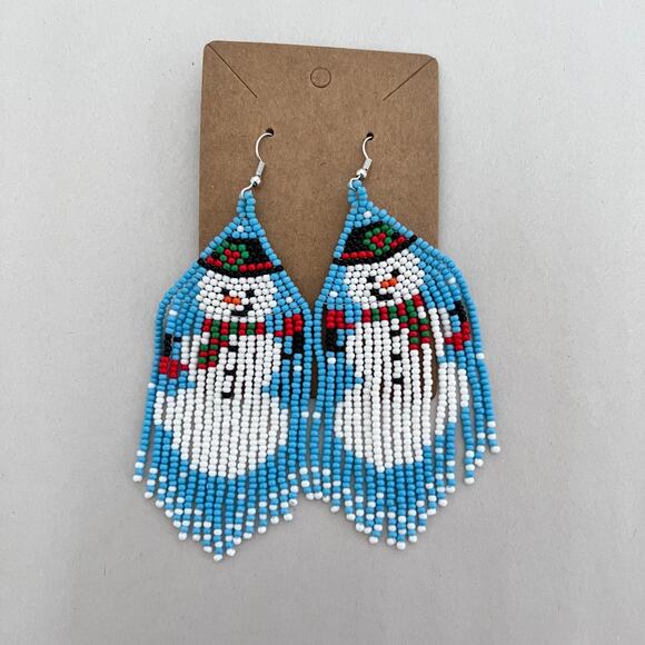 Beaded Snowman Earrings Holiday Christmas Fringe Seed Bead Dangle Fishhook - Picture 3 of 8